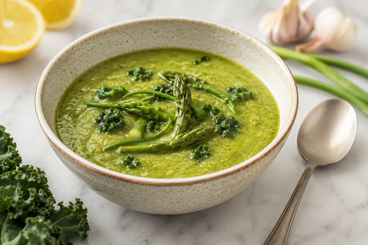 asparagus and garlic scape soup - pureed with leafy greens and lemon
