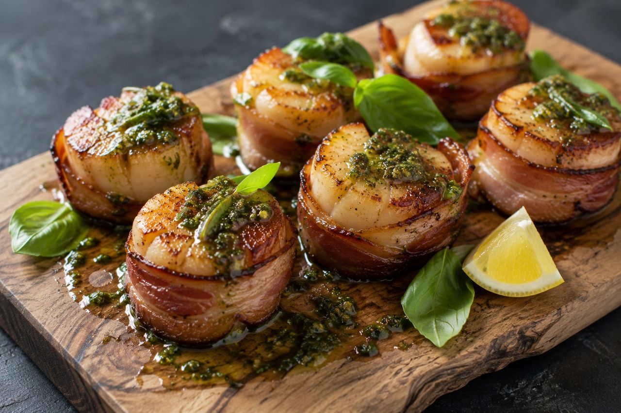 bacon-wrapped scallops with basil sauce - broiled and served with pan drippings