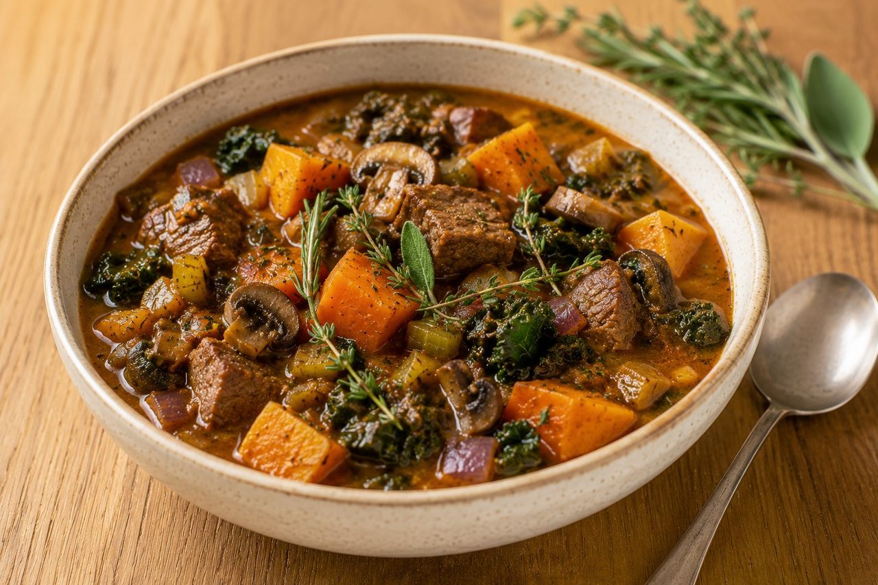 beef and sweet potato stew - slow-braised with kale, mushrooms, and fresh herbs