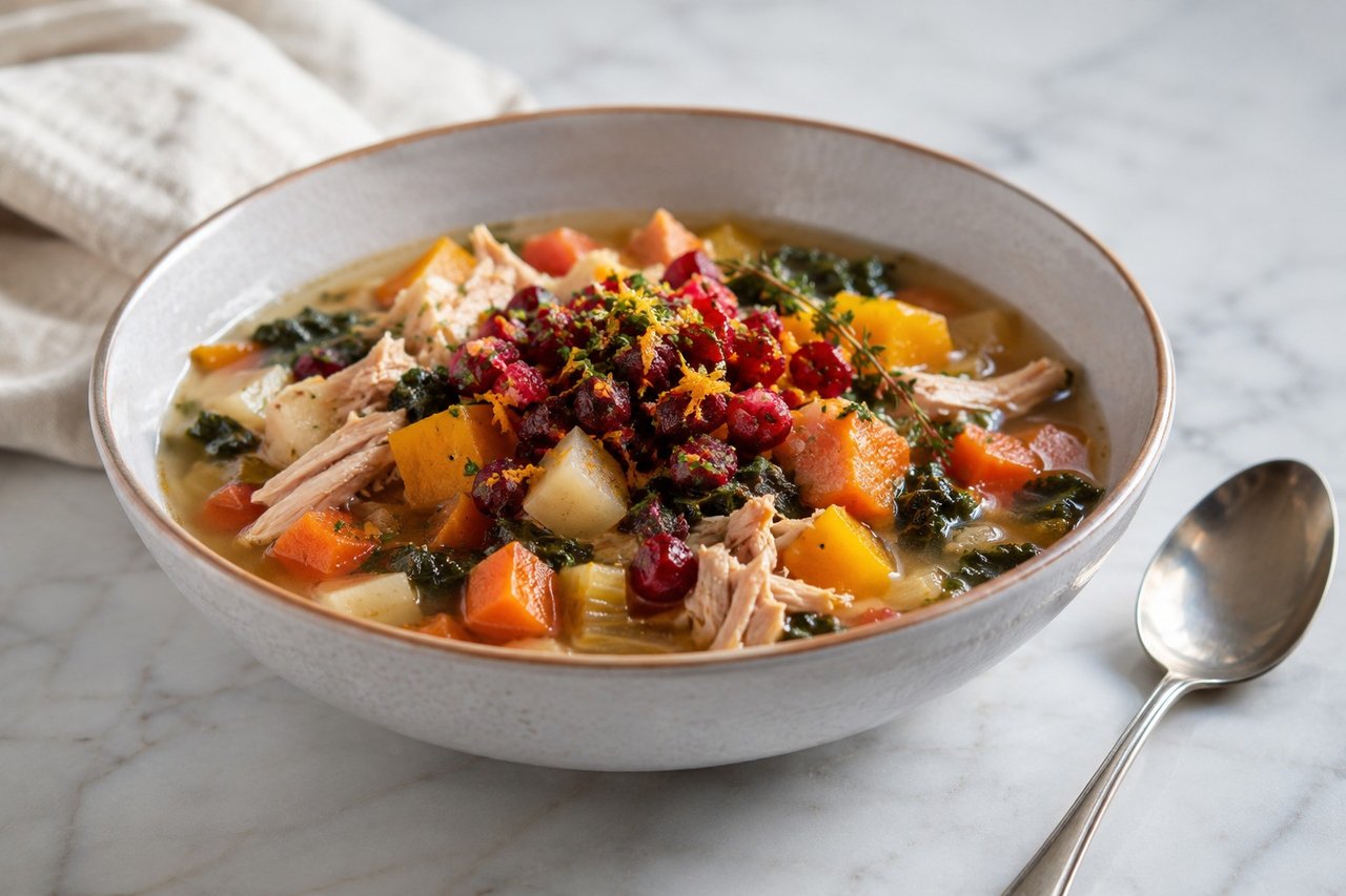 chunky turkey and vegetable soup with warm cranberry gremolata - leftover turkey, root vegetables, bright citrus topping