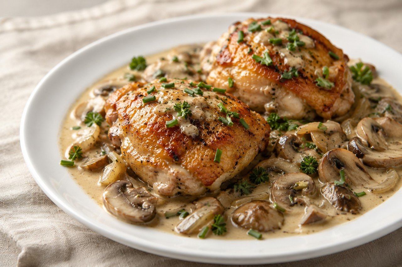 creamy chicken thighs with mushrooms and chives - seared skin-on thighs in coconut cream mushroom sauce