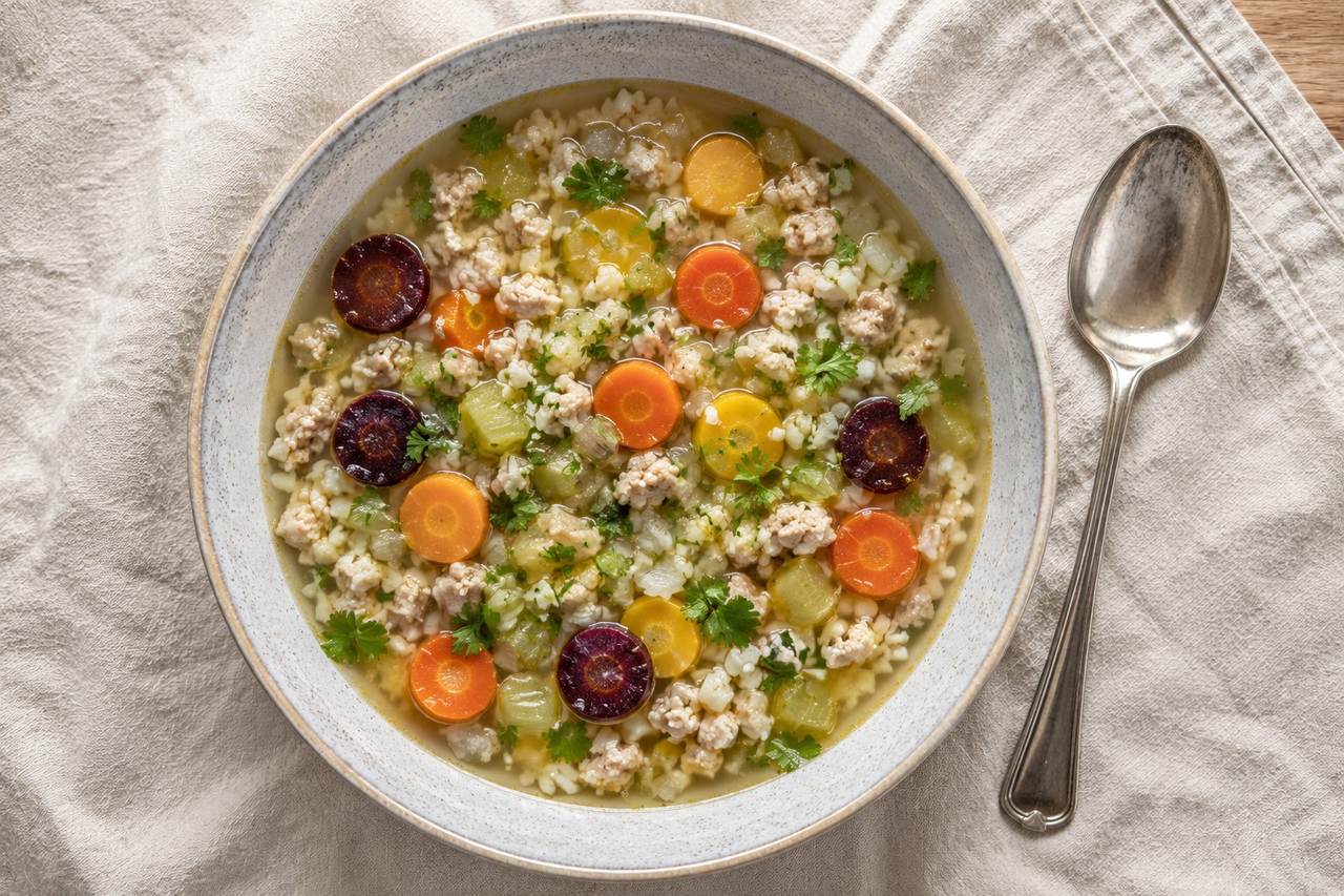 Feel-better chicken soup with cauliflower rice and rainbow carrots