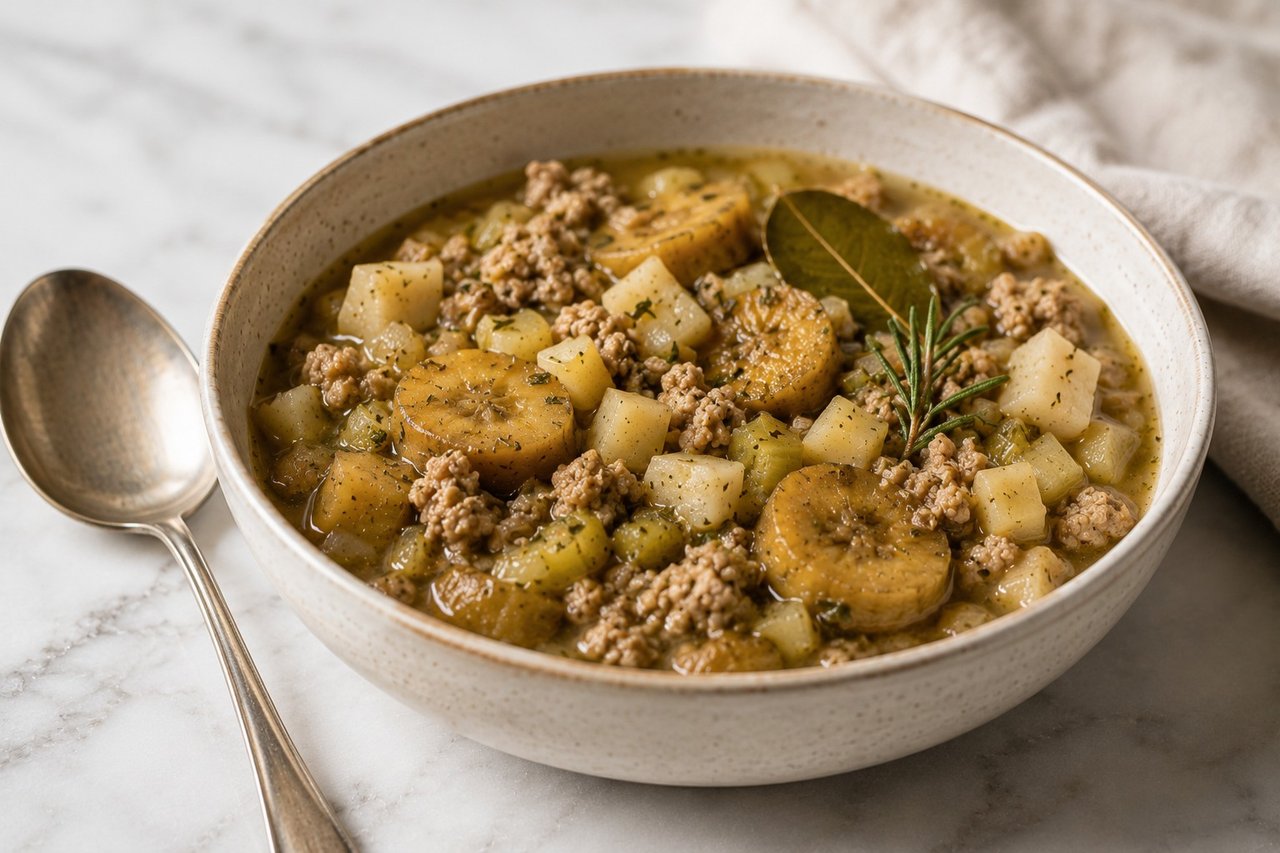 AIP turkey stuffing stew - one-pot autumn stew with green plantain standing in for stuffing