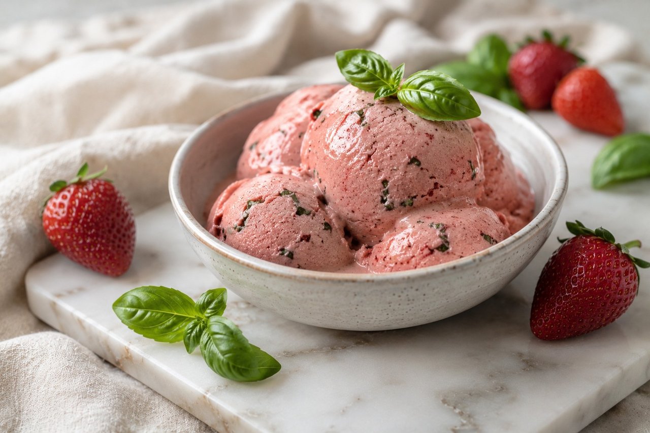 AIP dairy-free strawberry basil balsamic ice cream from roasted berries and coconut milk
