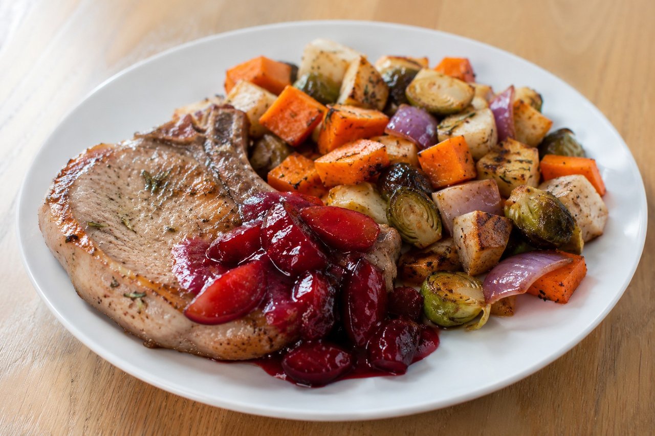 AIP sheet pan pork chops with roasted root vegetables and plum compote