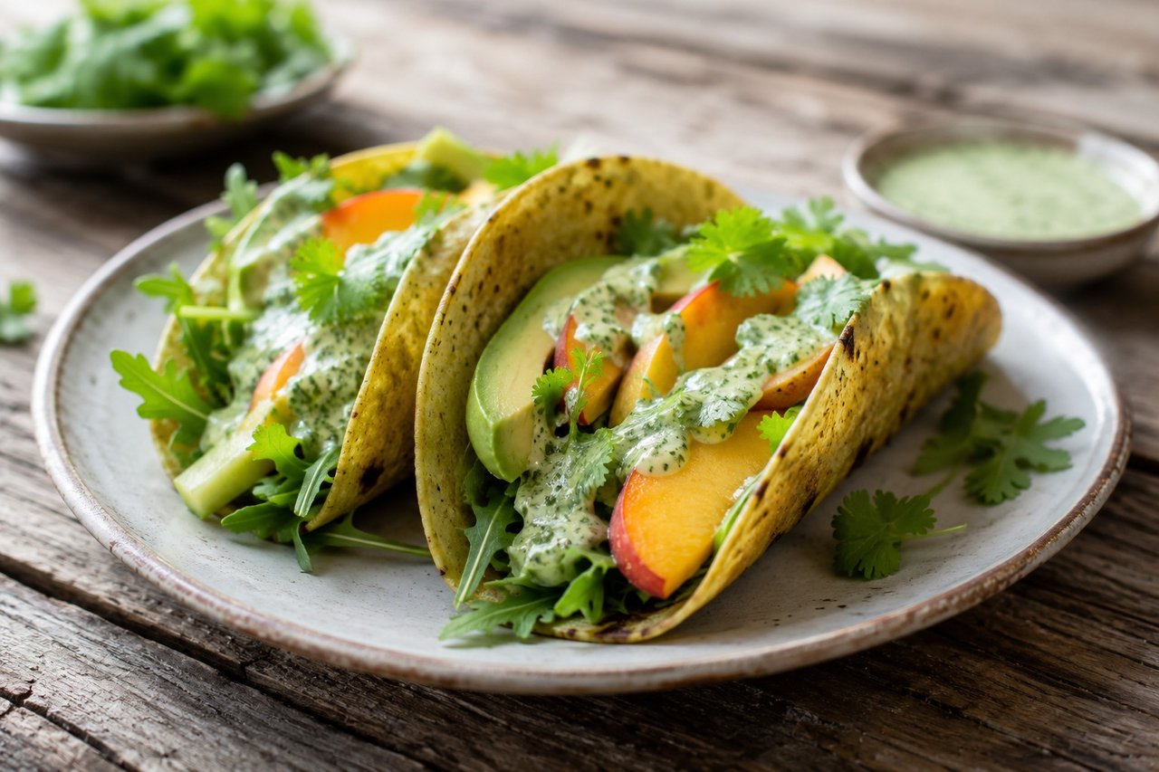 AIP soft veggie tacos on green cassava tortillas with cilantro-coconut sauce