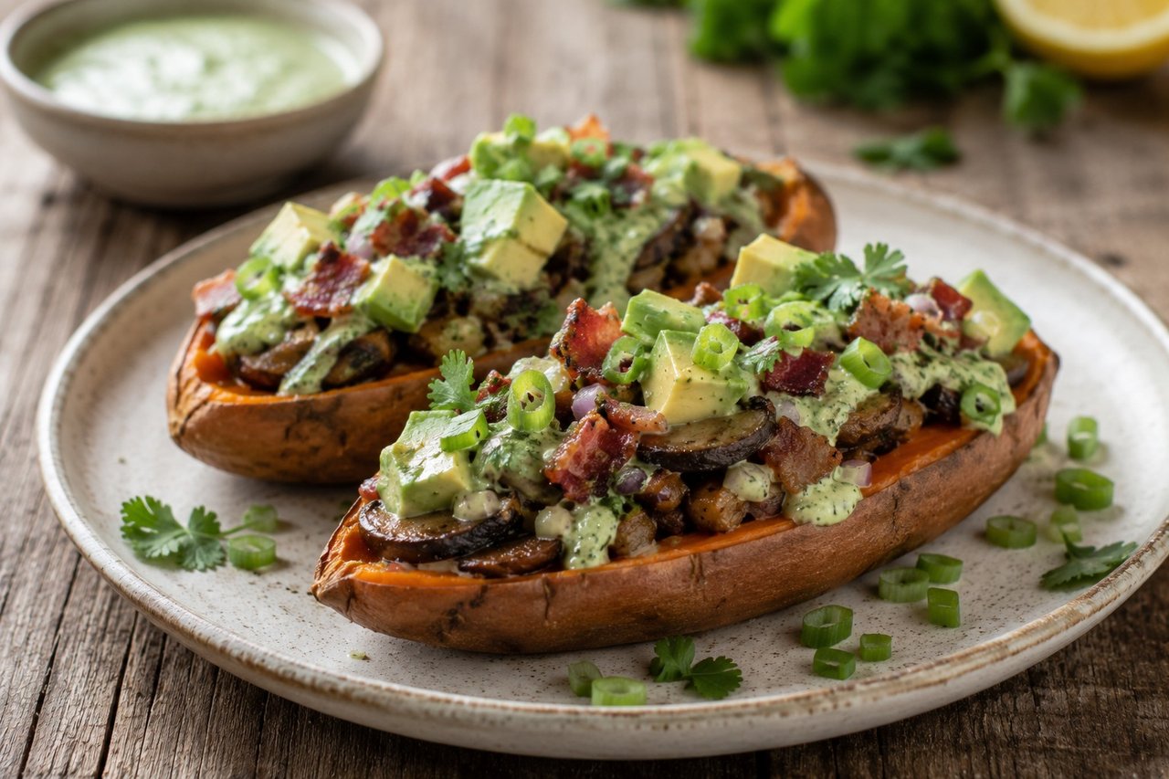 AIP stuffed sweet potato skins with bacon, mushroom, and cilantro-coconut sauce