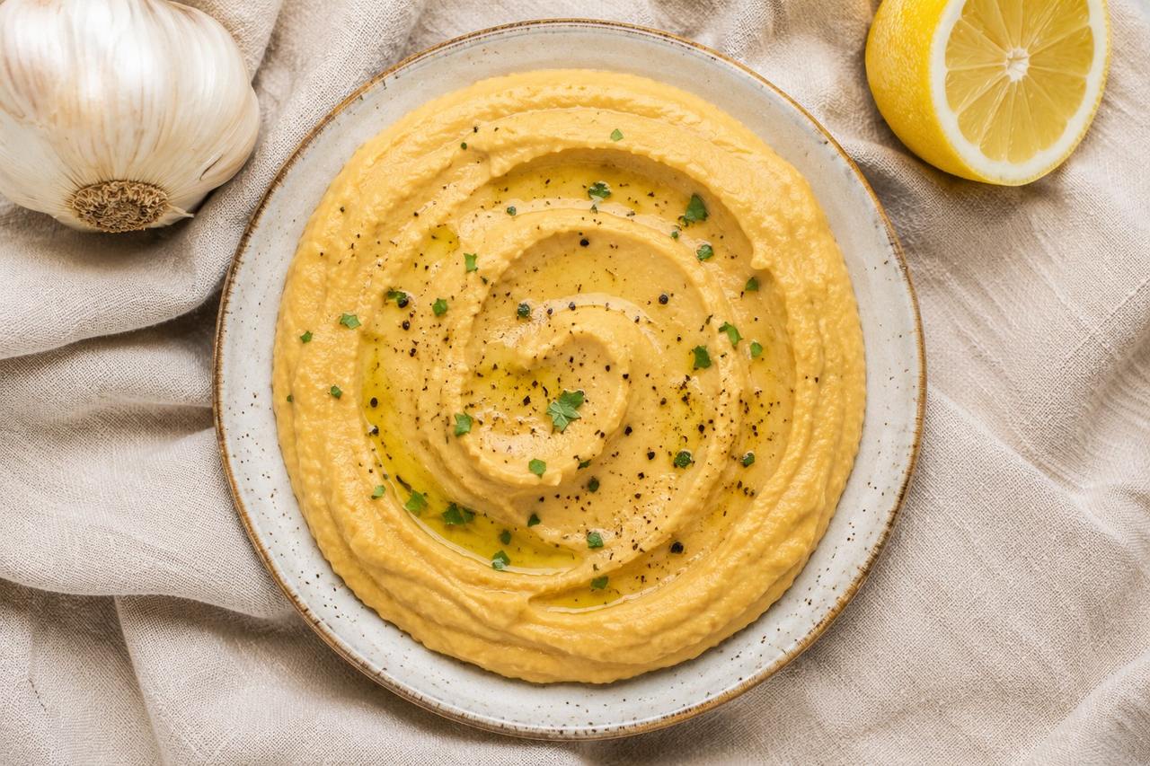 AIP bean-free lemon-garlic hummus from sweet potato and turnip