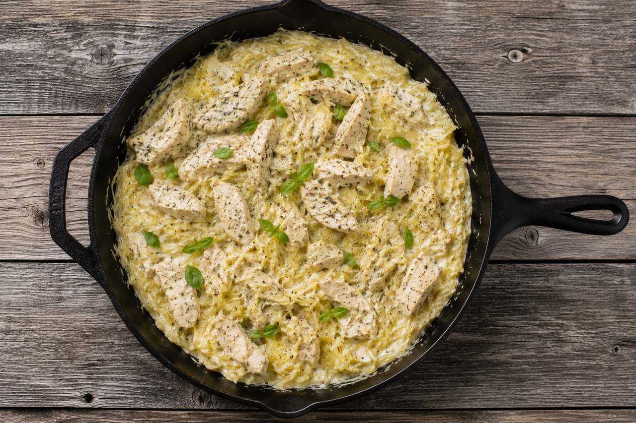 AIP dairy-free chicken Alfredo over spaghetti squash, meal-prep friendly