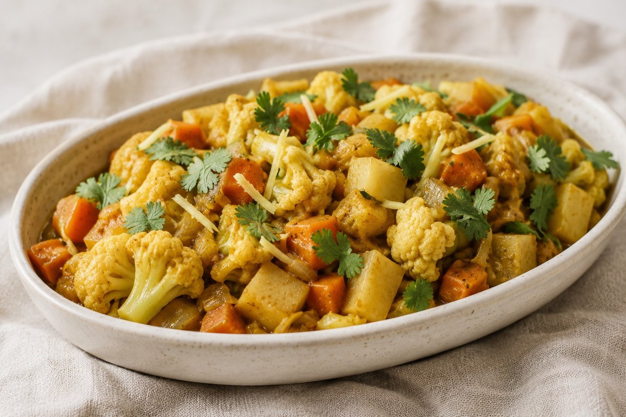 AIP aloo gobi - Indian cauliflower and taro braise using root and bark spices in place of seed spices