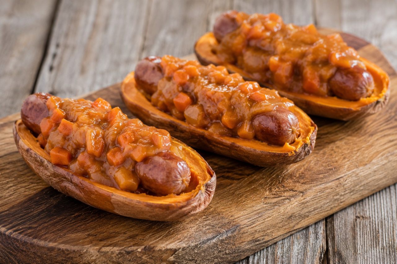 AIP hotdog boats - sweet potato 'buns' with clean-label sausages and a nomato sweet potato gravy