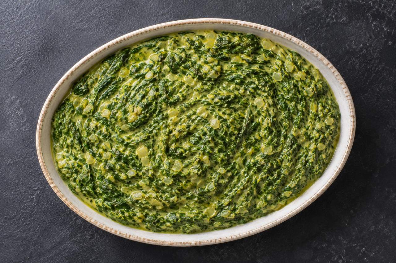 AIP palak - Indian creamed spinach with coconut yogurt and root spices, paneer and garam masala omitted