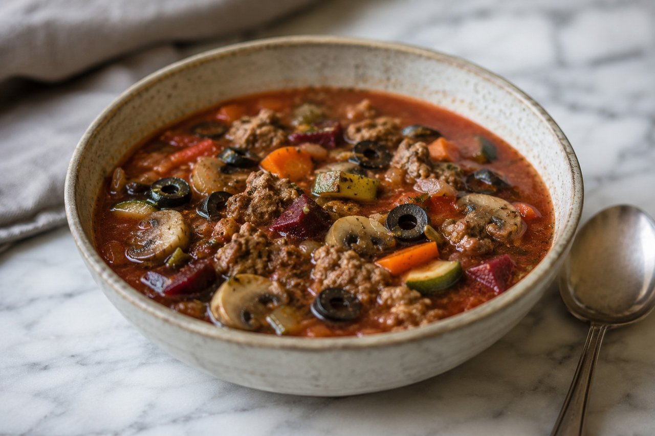 Pizza soup: the flavor of pizza night with no nightshade in the bowl