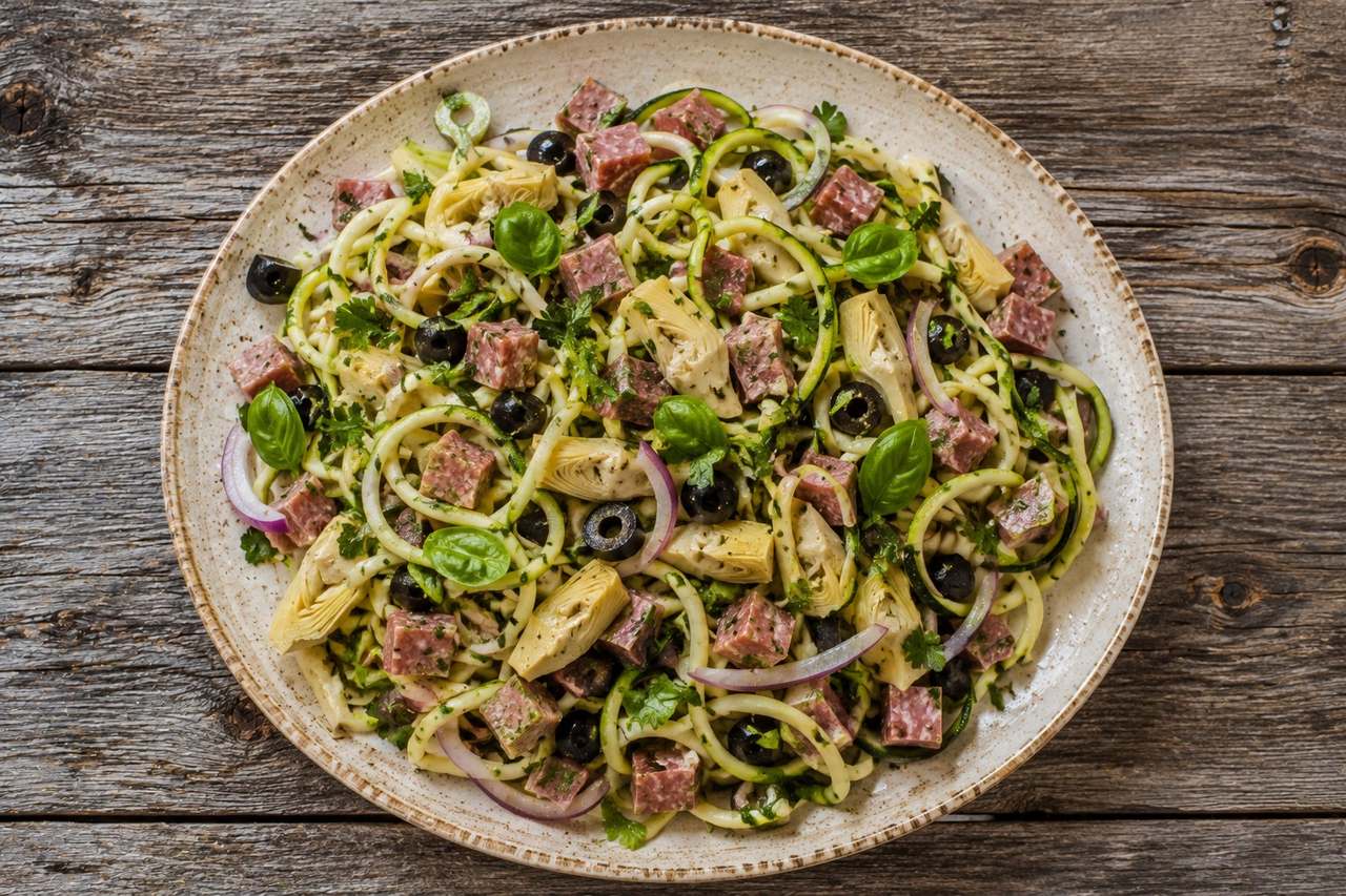 AIP zucchini noodle pasta salad, no-cook, with clean-label salami, olives, and artichokes