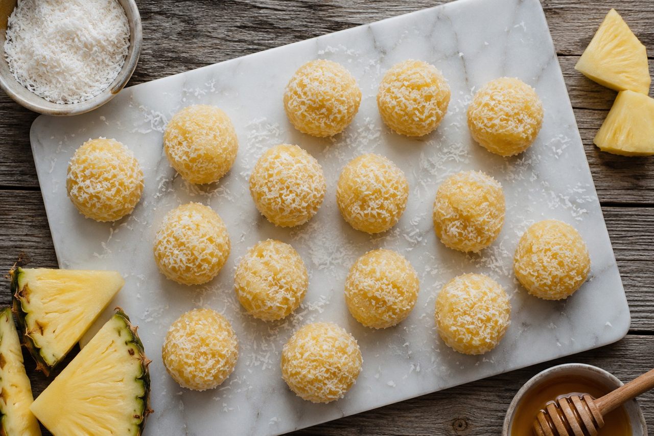 AIP pina colada candies - stovetop pineapple-coconut whole-fruit candies with honey and vanilla
