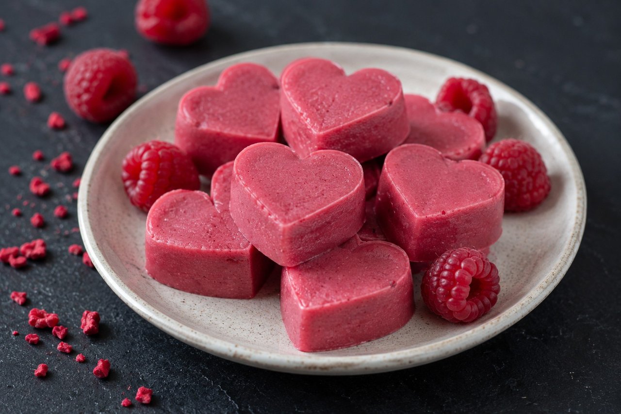 AIP raspberry coconut candies - three-ingredient molded coconut-fat treats colored with freeze-dried raspberry powder