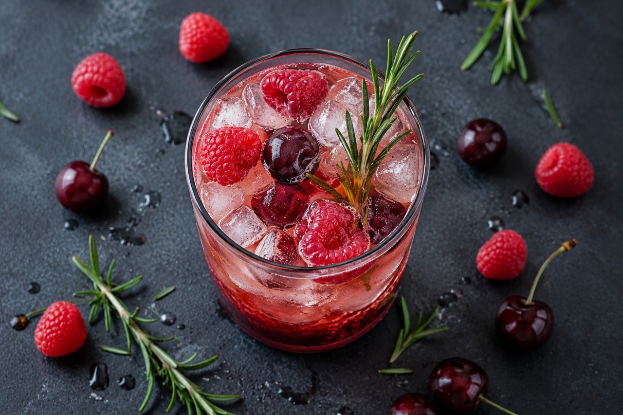 AIP raspberry-cherry kombucha mocktail - fruit syrup layered with ginger kombucha and rosemary for holiday entertaining