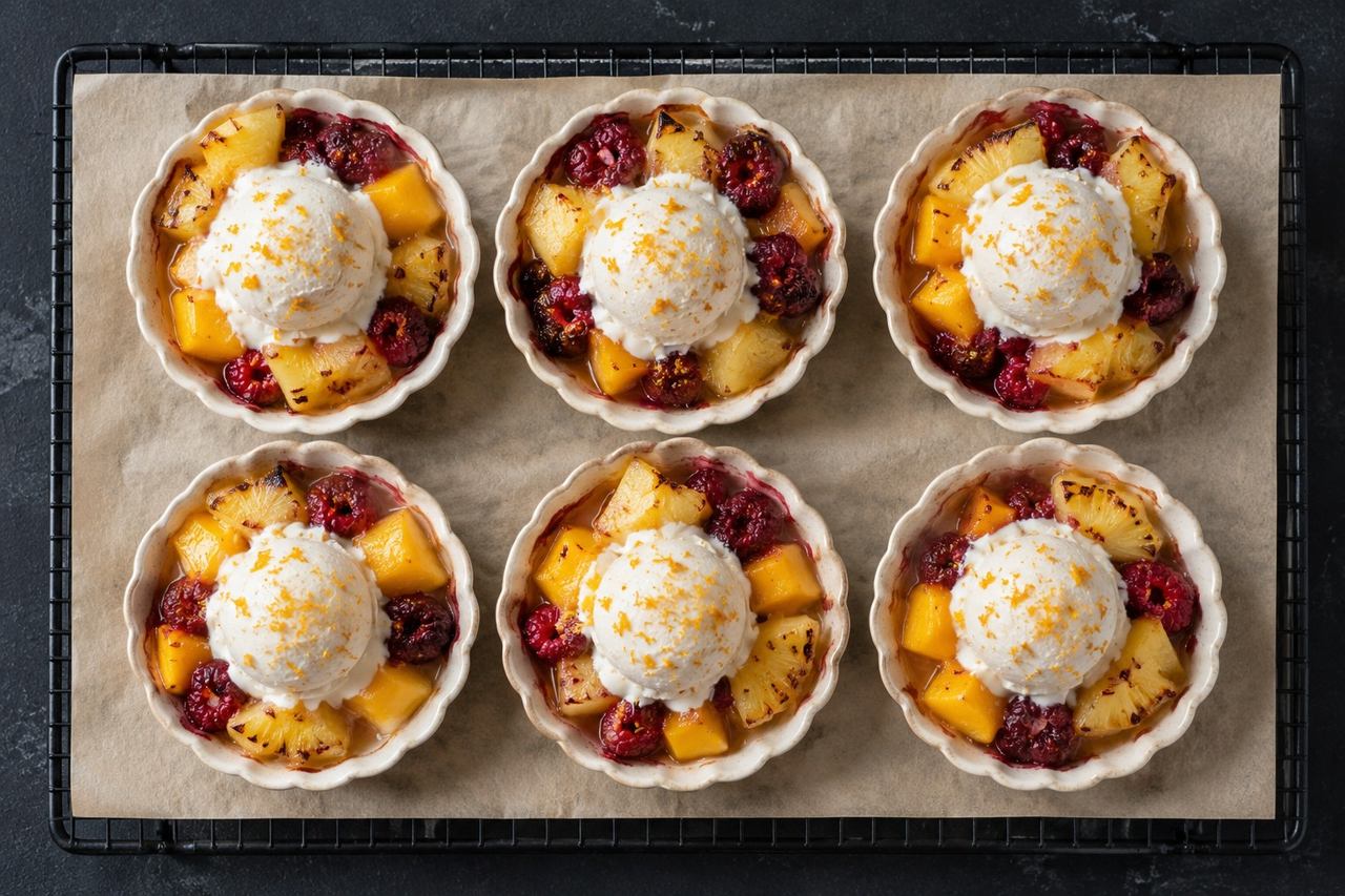 AIP oven-roasted fruit cups - pineapple, mango, and raspberries baked with citrus zest, topped with coconut vanilla ice cream