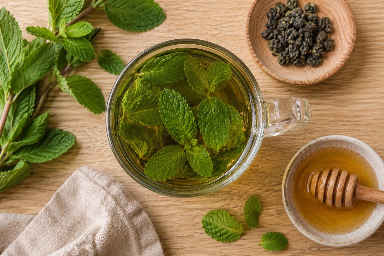 AIP Moroccan mint tea - gunpowder green tea steeped with fresh mint and a touch of honey