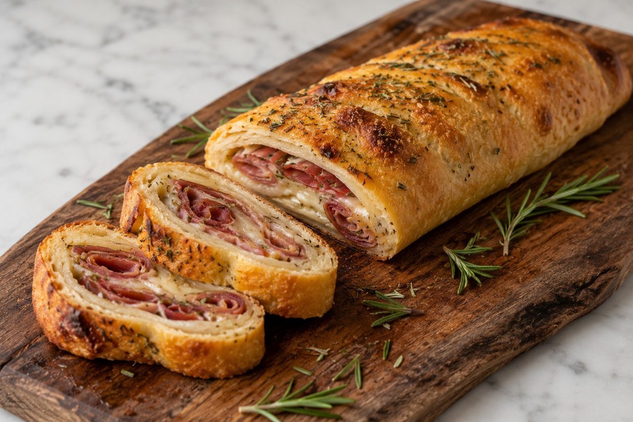 AIP rosemary and prosciutto stromboli - a sweet potato and tapioca dough rolled around prosciutto and fresh rosemary, baked until gooey inside and crisp outside