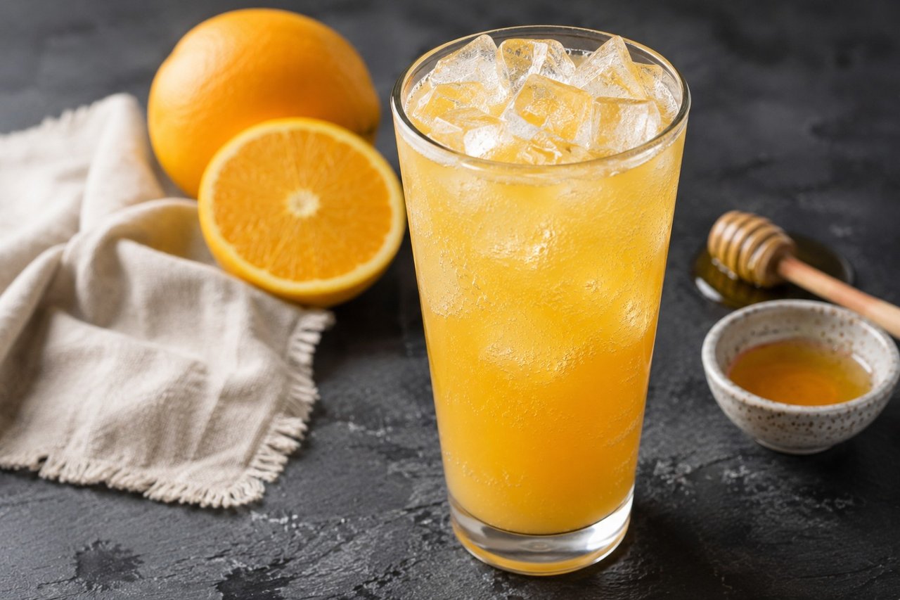 AIP orange cream soda - a honey and maple vanilla syrup stirred into orange juice and sparkling water over ice