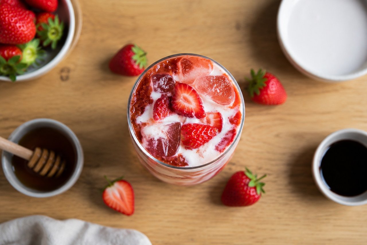 AIP roasted strawberry cream soda - strawberries roasted with honey and balsamic, pureed, layered with coconut milk and sparkling water