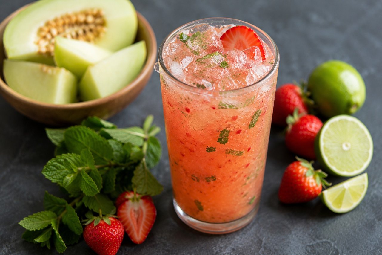 AIP strawberry melon agua fresca - strawberries, honeydew, mint, and lime blended and stirred into sparkling water