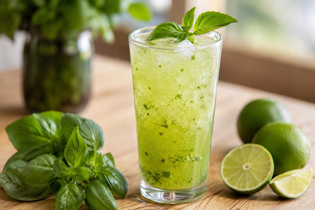 AIP Thai basil agua fresca - fresh basil blended with lime and honey, strained and topped with sparkling water