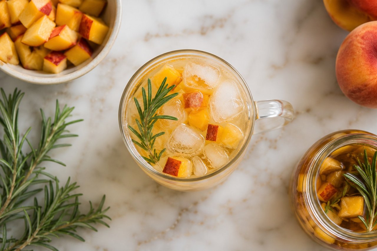 AIP rosemary peach drinking vinegar - a slow-infused shrub base of peach, honey, rosemary, and apple cider vinegar, served over ice with sparkling water