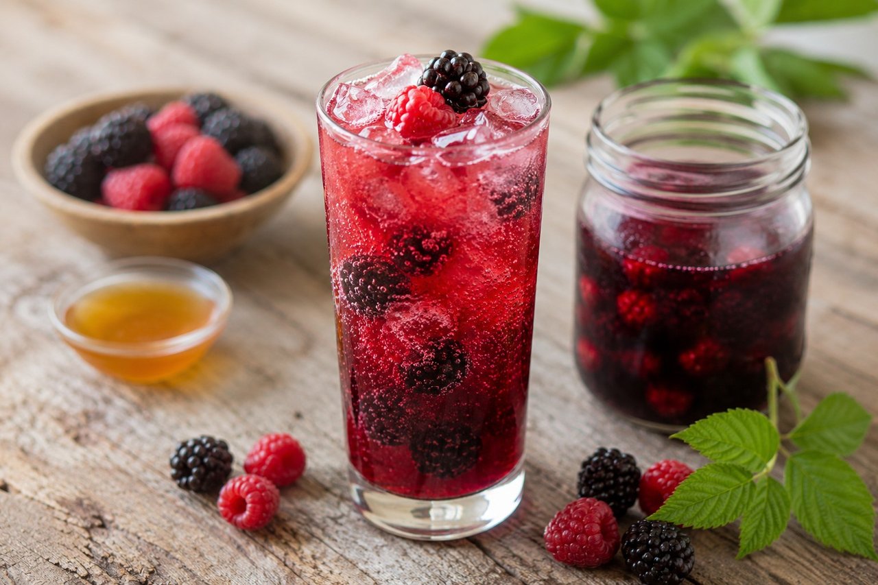 AIP berry Thai drinking vinegar - a 14-day infused concentrate of blackberries, raspberries, honey, and apple cider vinegar, diluted with sparkling water