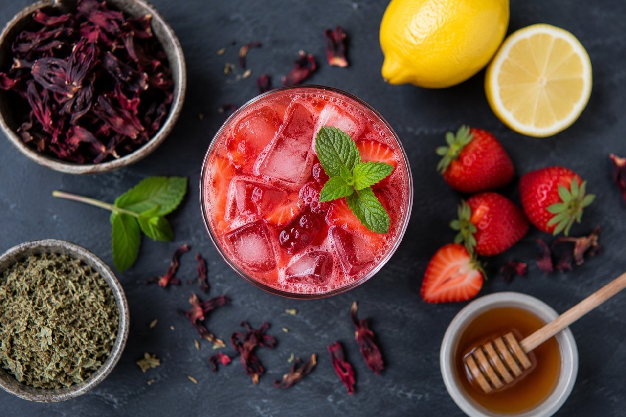 AIP strawberry hibiscus iced tea - hibiscus and mint steeped, chilled, then blended with fresh strawberries, lemon, and honey