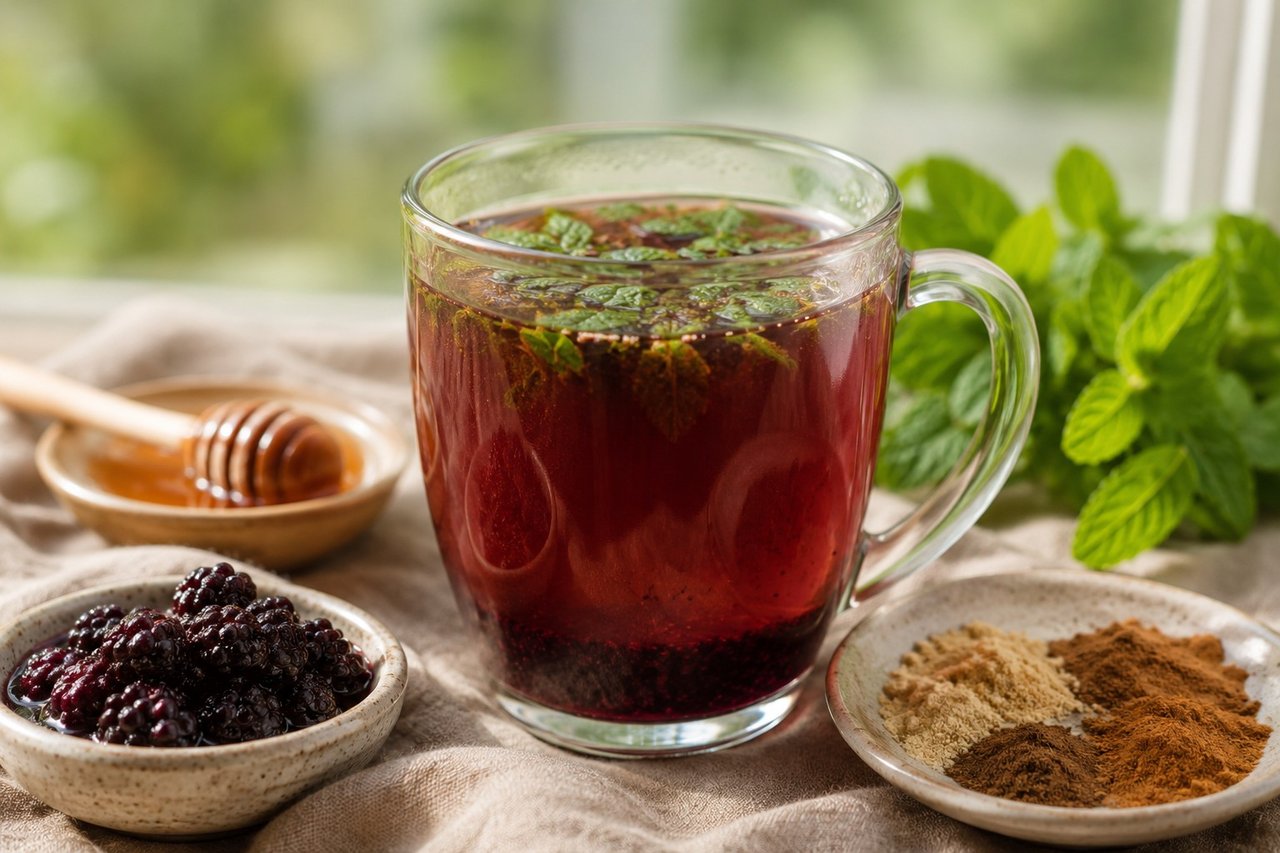 AIP Russian honey tea (sbiten) - a warm, caffeine-free spiced drink of blackberry jam, honey, ginger, clove, mace, cinnamon, and fresh mint