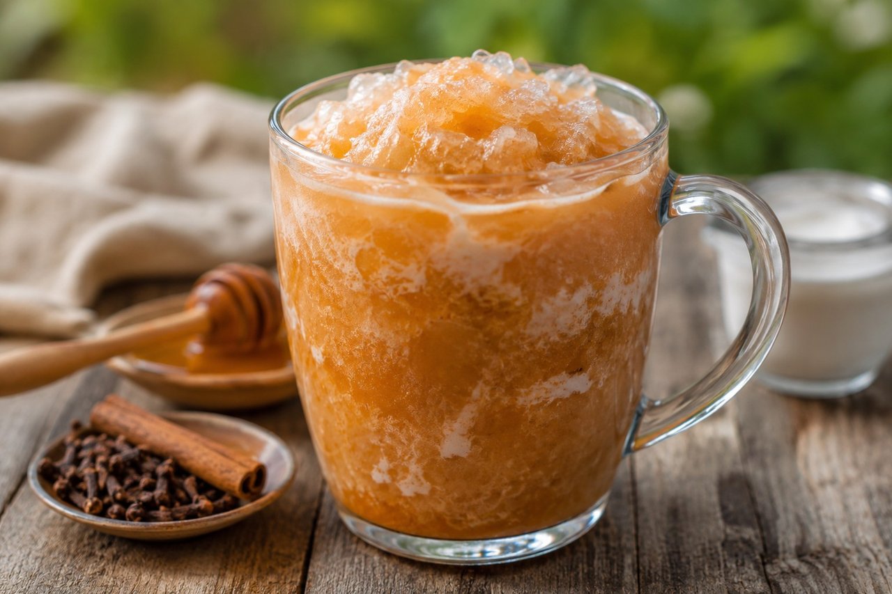 AIP Thai iced tea slushie - black tea steeped with clove and cinnamon, sweetened with honey and finished with coconut milk over crushed ice