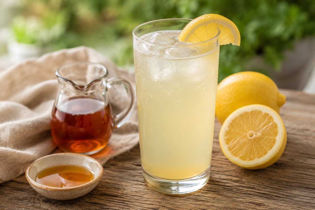AIP maple-lemon electrolyte water - filtered water with lemon juice, maple syrup, and sea salt, a homemade sports-drink alternative