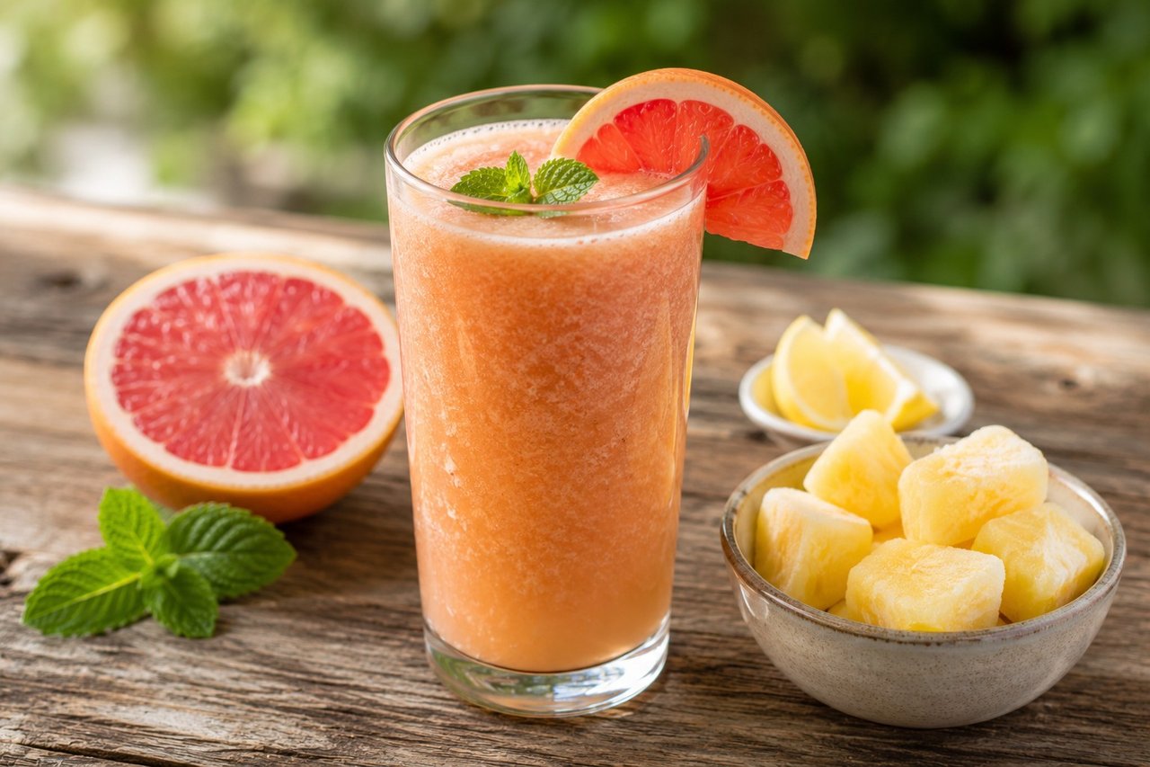 AIP pineapple-grapefruit digestive tonic - grapefruit, frozen pineapple, water, and lemon blended into a morning drink