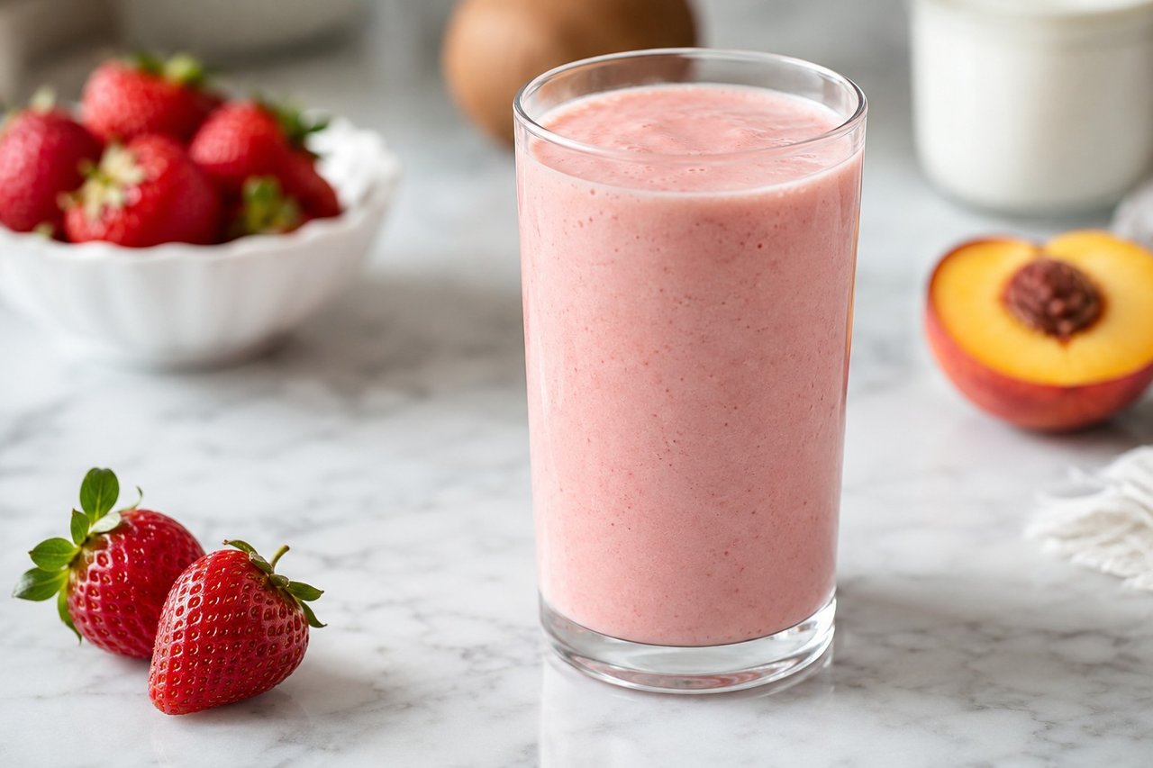 AIP strawberry and peach smoothie blended with coconut milk, a four-ingredient breakfast or snack