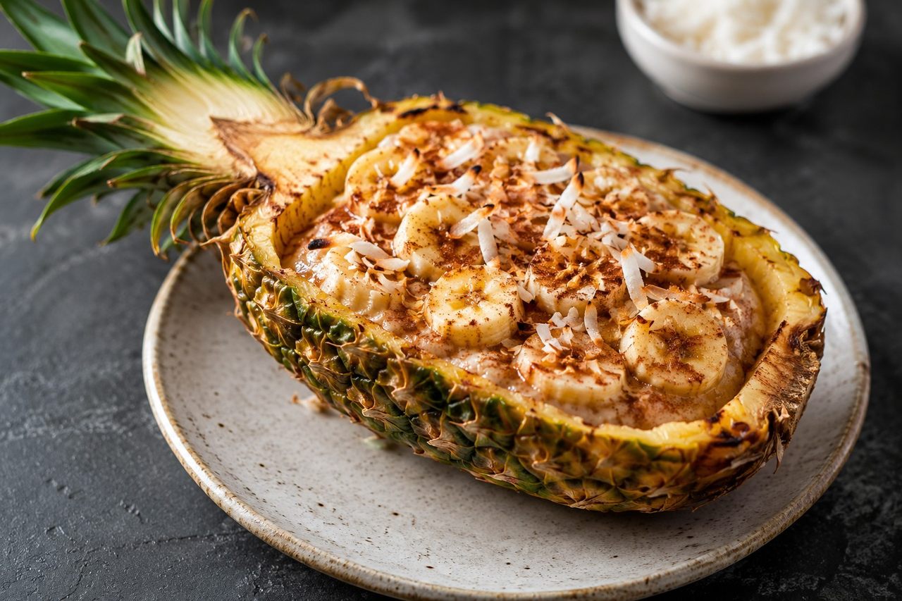 AIP baked stuffed pineapple - pineapple boats filled with banana, coconut milk, and cinnamon