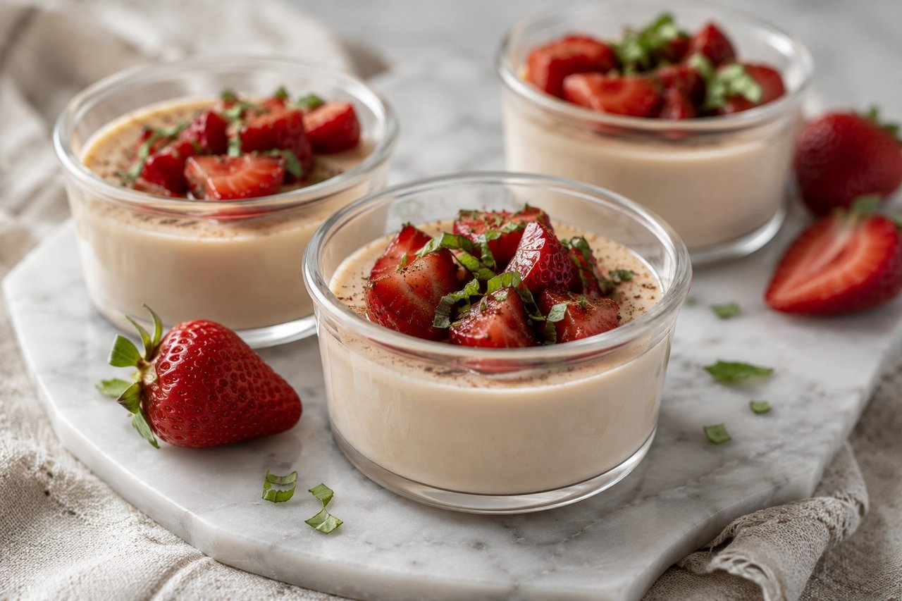 AIP pots de creme - egg-free, dairy-free coconut custard set with gelatin, topped with roasted strawberries and basil