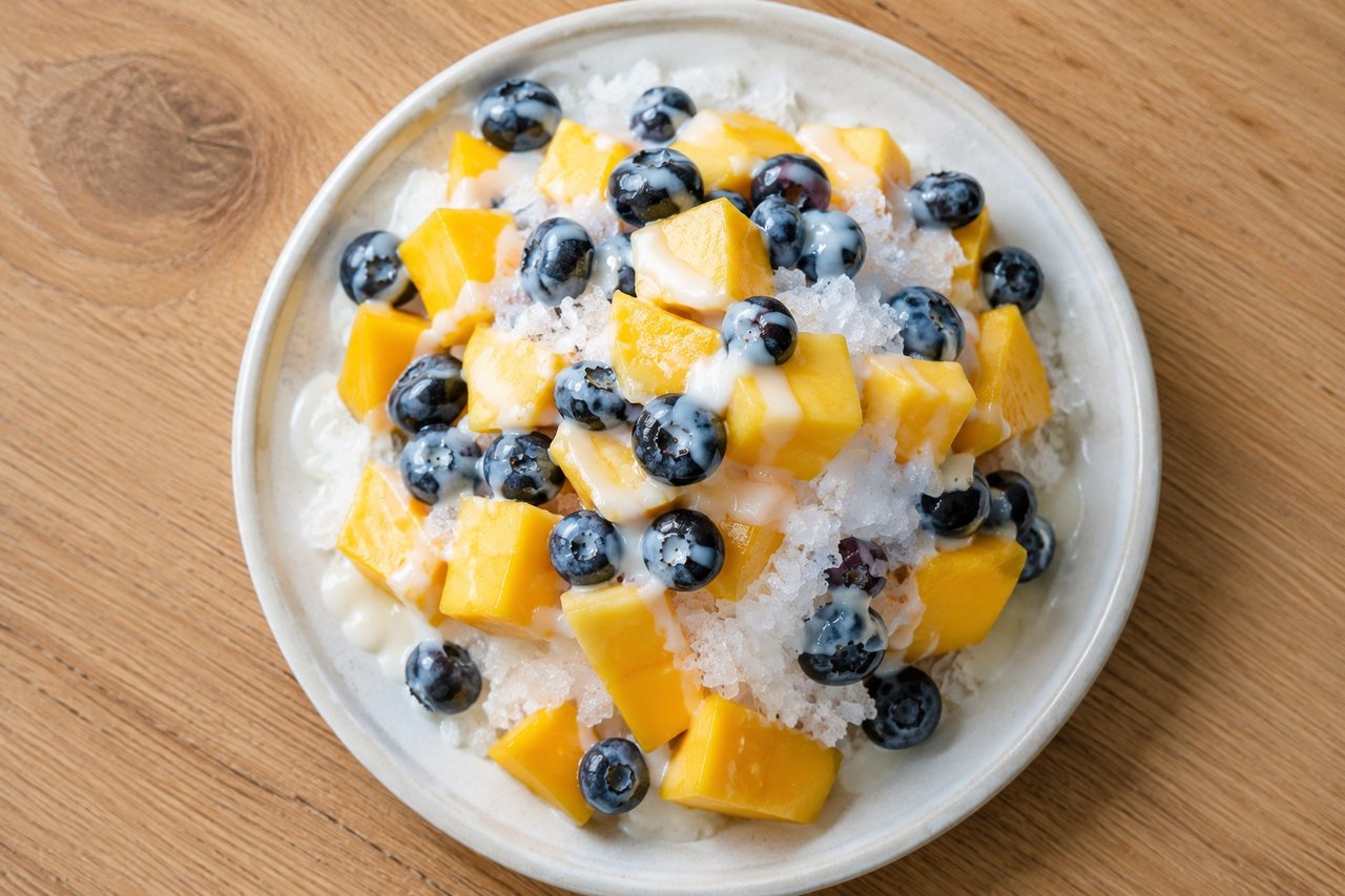 AIP Thai-style iced fruit salad - fruit over shaved ice with a coconut milk and honey drizzle
