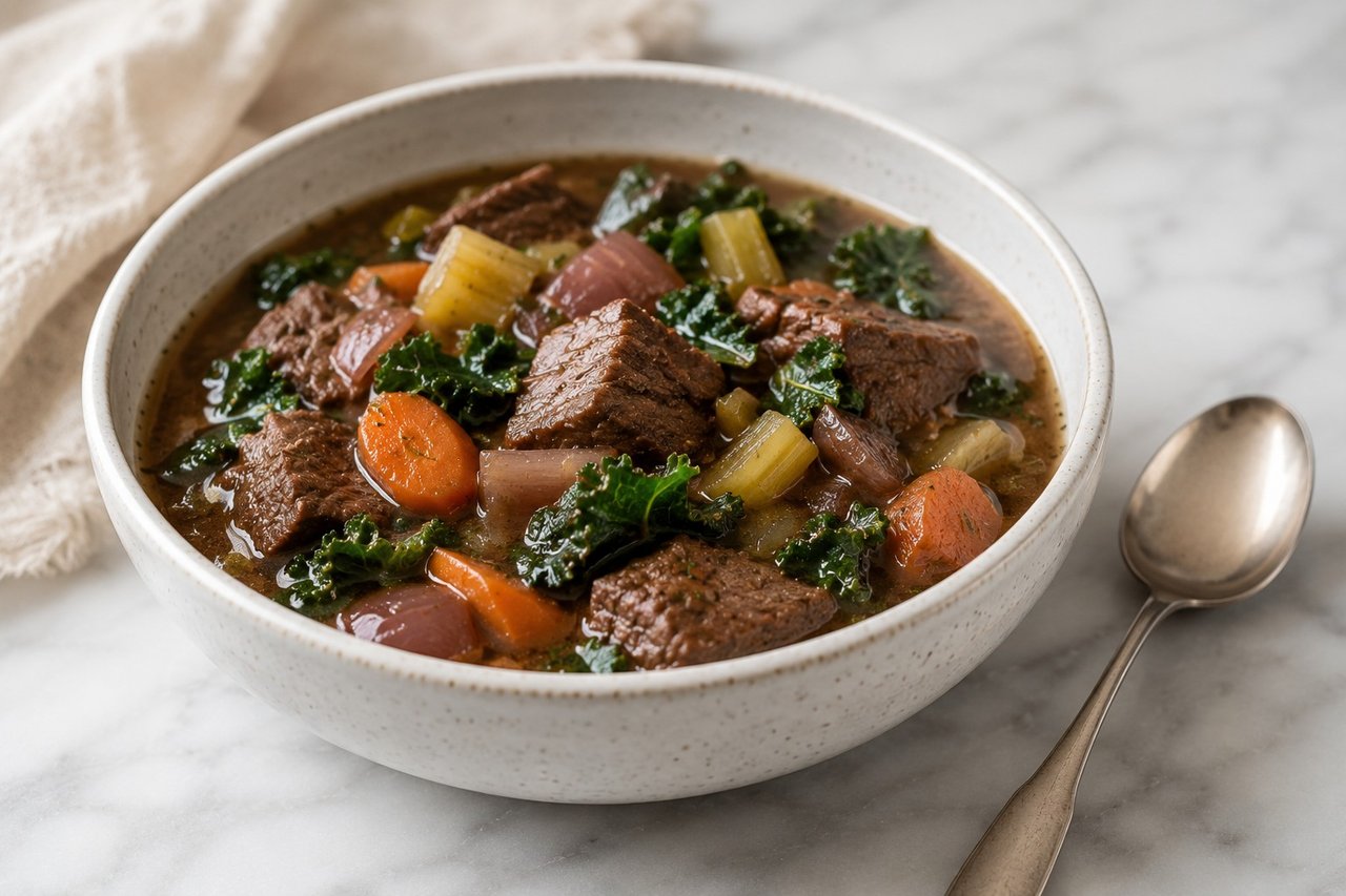 A slow-braised beef stew built on bone broth, anchovy depth, and a last-minute lift of kale