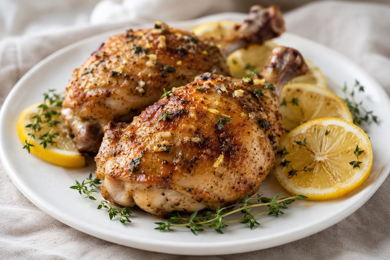 Bone-in chicken breasts marinated with garlic, thyme, and lemon, then air-fried crisp and juicy