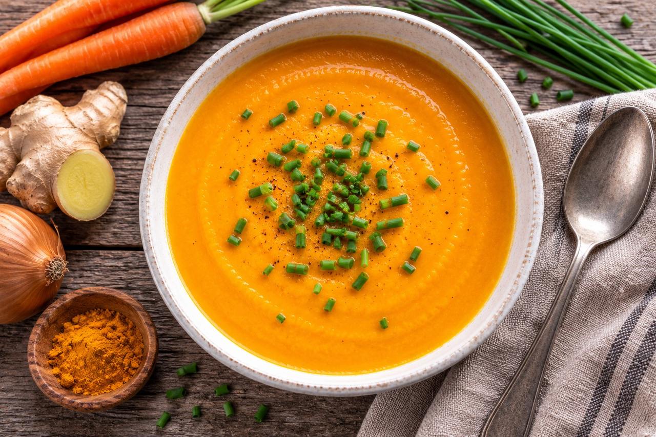 A smooth, warming Instant Pot soup of carrots, ginger, and turmeric blended in bone broth