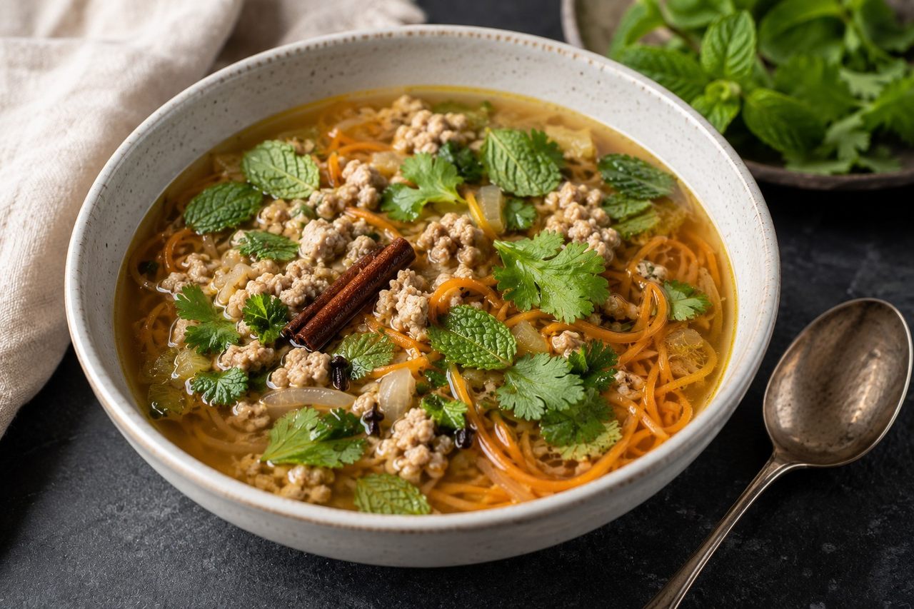 A warming AIP chicken pho built in the Instant Pot with sweet potato noodles and fresh herbs