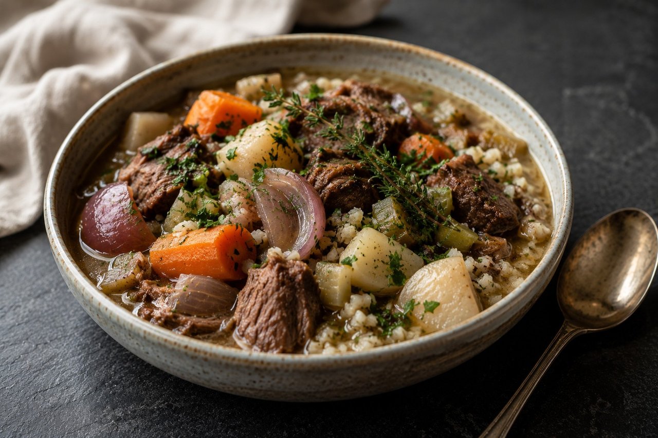 A hearty Irish lamb stew braised low with turnips, riced celeriac, and thyme