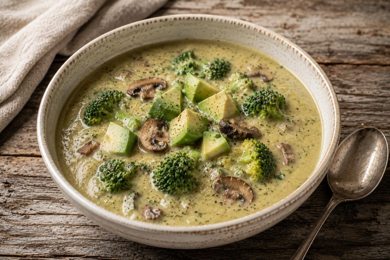 Dairy-free cream of broccoli soup built on rutabaga, coconut milk, and bone broth