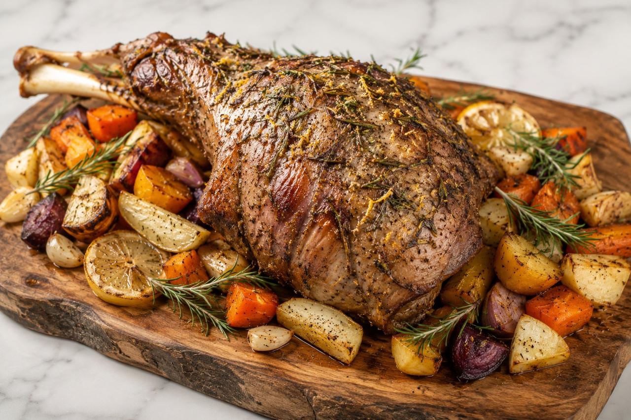 Roast bone-in leg of lamb with garlic, lemon, and rosemary, surrounded by root vegetables