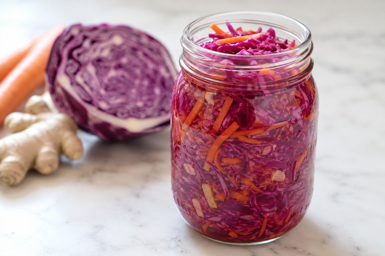Lacto-fermented red cabbage sauerkraut with carrot and ginger