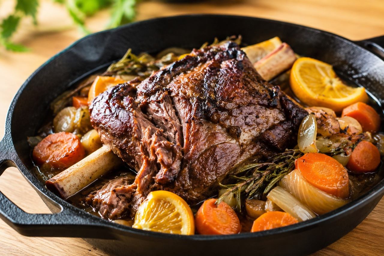 Bone-in lamb shoulder seared and braised in bone broth and orange juice with rosemary and carrots