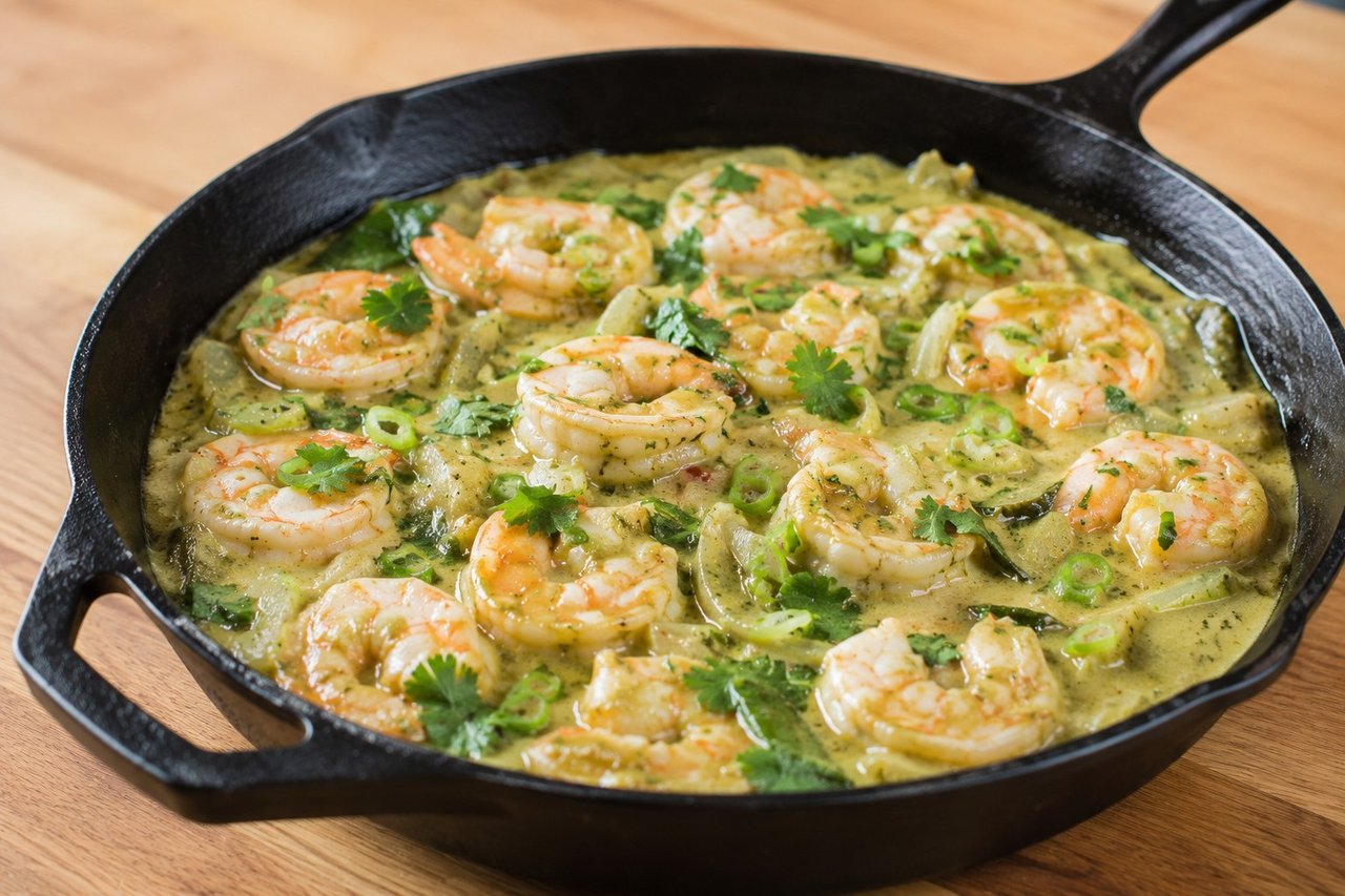Thai-inspired green curry shrimp with coconut milk, fish sauce, lime leaf, and a nightshade-free curry paste