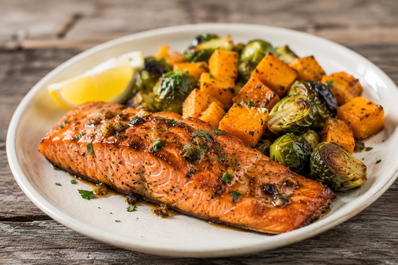 Wild salmon marinated in coconut aminos, ginger, and garlic, roasted on a sheet pan with butternut squash and Brussels sprouts